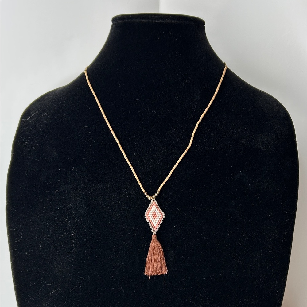 Creative Co-Op Diamond Beaded Necklace with Brown Tassel